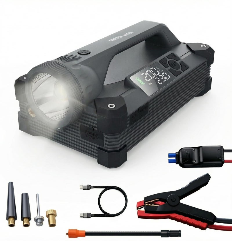 GREEN LION JX66 Jump Starter 24000mAh 88.8W / Pump / 4 Inflation Modes / Powerful LED Flashlight Best for Camping / Digital Display / 6000A Peak Current - Black - Image 1